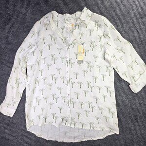 C C California Linen Shirt Womens Large Ivory Palm Tree Button Roll Up Casual